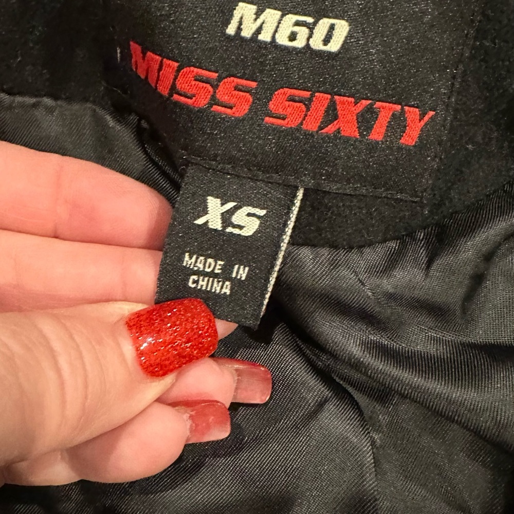 Miss Sixty Military Style Black jacket Pleated Flared Wool Pea Coat belt XS Cute - Picture 2 of 4